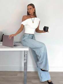 Siren Gaze Blusa corta casual y elegante con pliegues asimétricos para mujer, adecuada para el verano y el uso diario