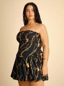 CAJUNI Ensemble Top bandeau froncé imprimé citron et chaîne dorée et mini-jupe à bulles assorti, pour femmes grande taille, décontracté pour les vacances - Multicolore - Voir 5