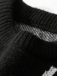 Manfinity EMRG 男士圆领落肩休闲宽松提花针织标语图案毛衣，秋冬款，朋克风，长袖上衣 - 黑色 - 查看 4