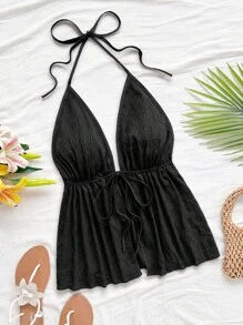 Soleia 休闲 V 领系带露背纹理面料红色背心 - 黑色 - 查看 1