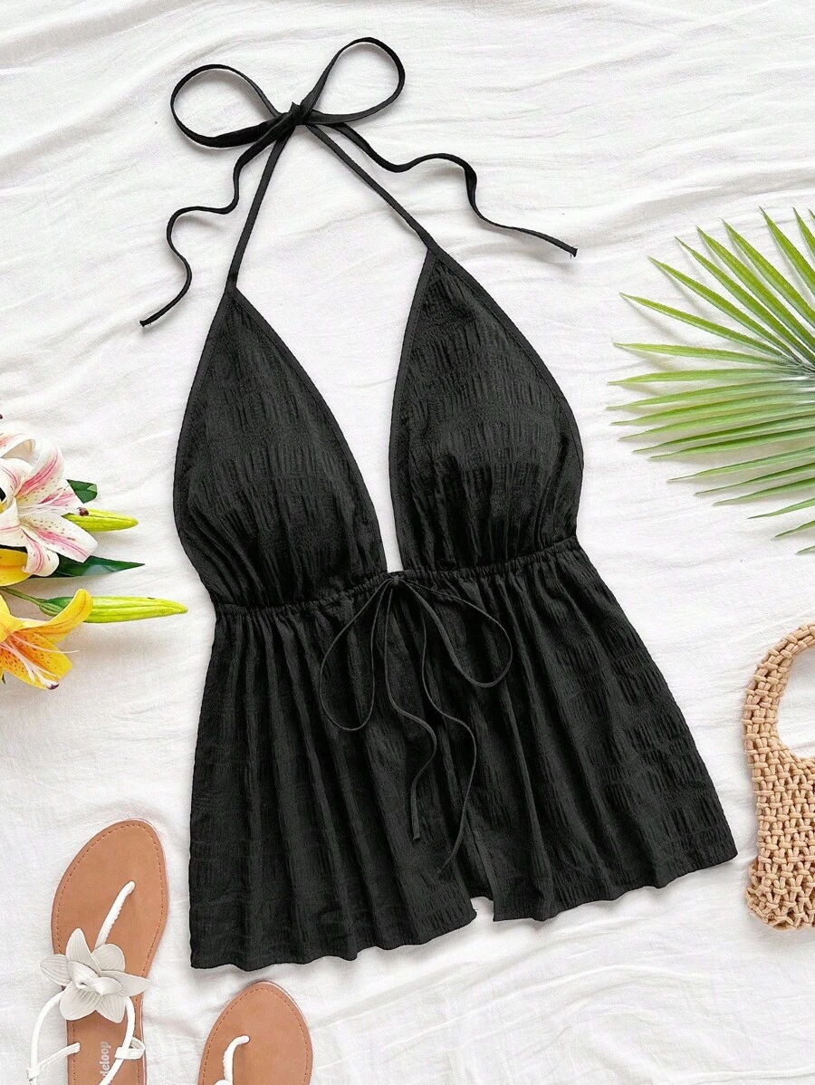 Soleia 休闲 V 领系带露背纹理面料红色背心 - 黑色 - 查看 1