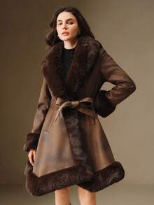 Anewsta Women's Fluffy Fur Collar Belted Faux Fur Jacket, Autumn/Winter - Brown - View 4