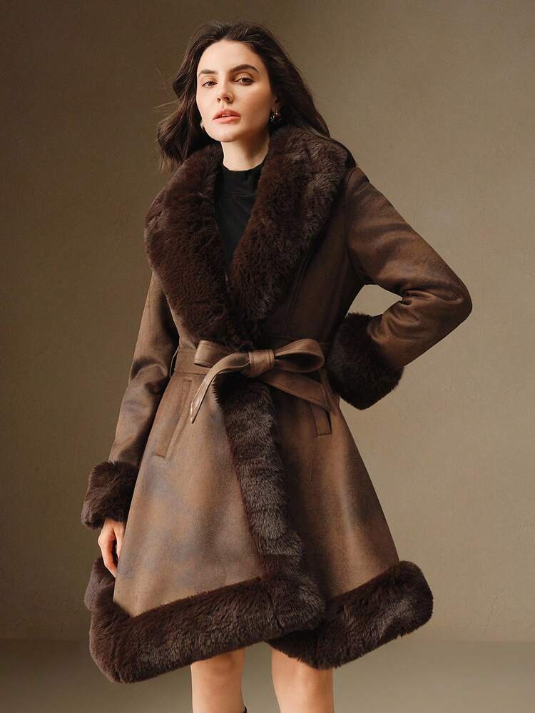 Anewsta Damjacka med fluffig pälskrage och skärp, fuskpäls, höst/vinter - Brun - Visa 4