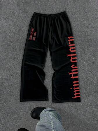 Manfinity ZONE917 Men's Gothic Street Style Red Slogan Side Print Loose Fit Pants