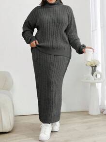 EURMUSE Cable Knit Turtleneck Sweater And Skirt Two Pieces Set - Dark Grey - View 5