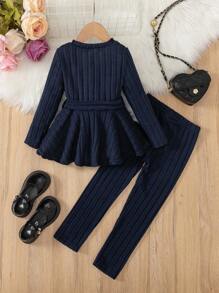 SHEIN 2 件女童罗纹长袖连衣裙（含紧身裤）套装，春秋 - 藏蓝色 - 查看 2