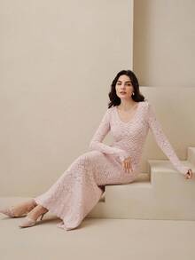 Anewsta Women's Elegant Solid Color Fitted Knit Dress - Baby Pink - View 4