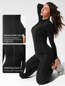 GLOWMODE 24 英寸 FeatherFit™-Air Glow Giver 柔软透气吸汗前拉链罗纹侧板轮廓接缝拇指孔深 V 形后背接缝可拆卸罩杯长袖连体衣低冲击日常运动服 - 黑色 - 查看 6