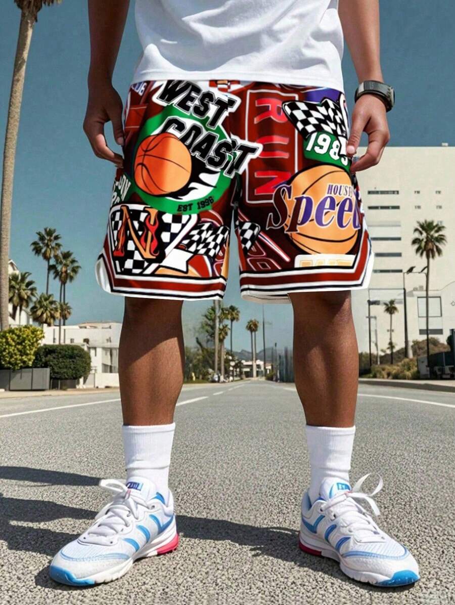 Pantaloni scurți sport cu imprimeu de baschet din plasă pentru adolescenți