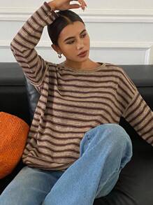 DAZY Women's Loose Striped Crew Neck Long Sleeve Casual Sweater, Spring/Autumn,Fall Women Clothes - Brown - View 1