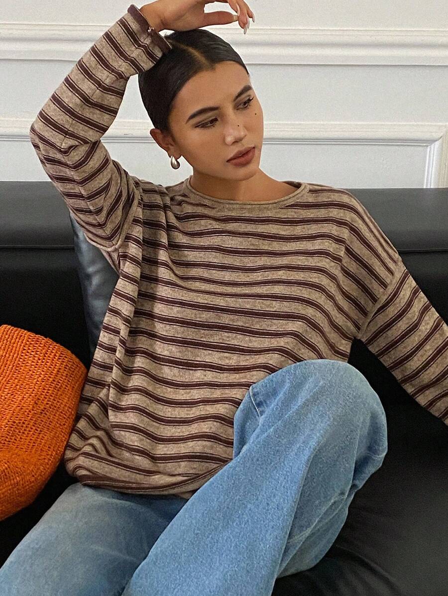 DAZY Women's Loose Striped Crew Neck Long Sleeve Casual Sweater, Spring/Autumn,Fall Women Clothes - Brown - View 1