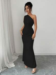 Elenzga 无袖斜肩收腰优雅浪漫数码印花女式连衣裙 - 黑色 - 查看 5