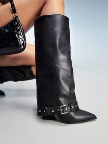 CUCCOO GRLICON 女式黑色拼布牛仔靴，尖头休闲靴 - 黑色 - 查看 2