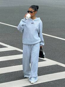 SHEIN EZwear 休闲宽松连帽衫和运动裤字母印花街头风格套装，加大码，秋冬 - 灰色 - 查看 5