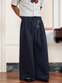 SWAVVY 男士街头时尚宽松条纹印花裤，秋季 - 藏蓝色 - 查看 4