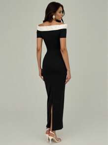 Modelyn Vestido largo ajustado con detalle de volantes de cuentas y hombros descubiertos - Negro - Ver 3