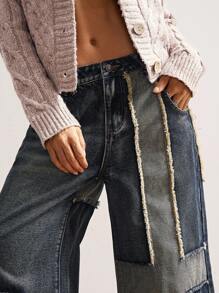 Bohemela Women's Casual Loose Woven Wide-Leg Jeans Patchwork Jeans Wide Leg Jeans Women Jeans Denim Pants - Blue - View 2