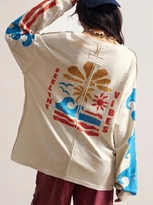 Bohemela Plus Size Women Casual Loose Fit Round Neck Long Sleeve T-Shirt/Winter - Apricot - View 2