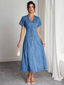 Elenzga 女式休闲水洗前扣牛仔连衣裙，夏季 - 淺色水洗藍 - 查看 6