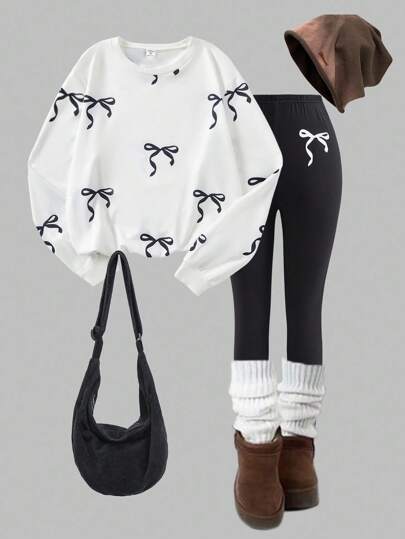 SHEIN Sparklyn Teen Girls Sweatsuit Set, New Autumn/Winter, White Digital Print, Black Bow Crew Neck Sweatshirt, Black Skinny Pants, White Bow Decor, Comfortable Fitted Fall