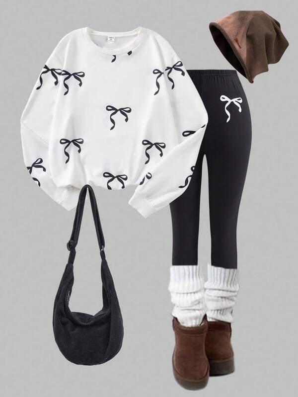 SHEIN Sparklyn Teen Girls Sweatsuit Set, New Autumn/Winter, White Digital Print, Black Bow Crew Neck Sweatshirt, Black Skinny Pants, White Bow Decor, Comfortable Fitted Fall