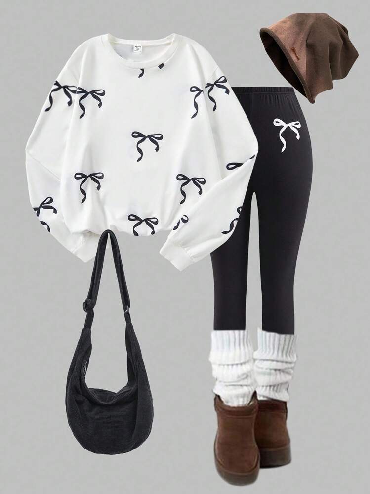 SHEIN Sparklyn Teen Girls Sweatsuit Set, New Autumn/Winter, White Digital Print, Black Bow Crew Neck Sweatshirt, Black Skinny Pants, White Bow Decor, Comfortable Fitted Fall - Multicolor - View 1