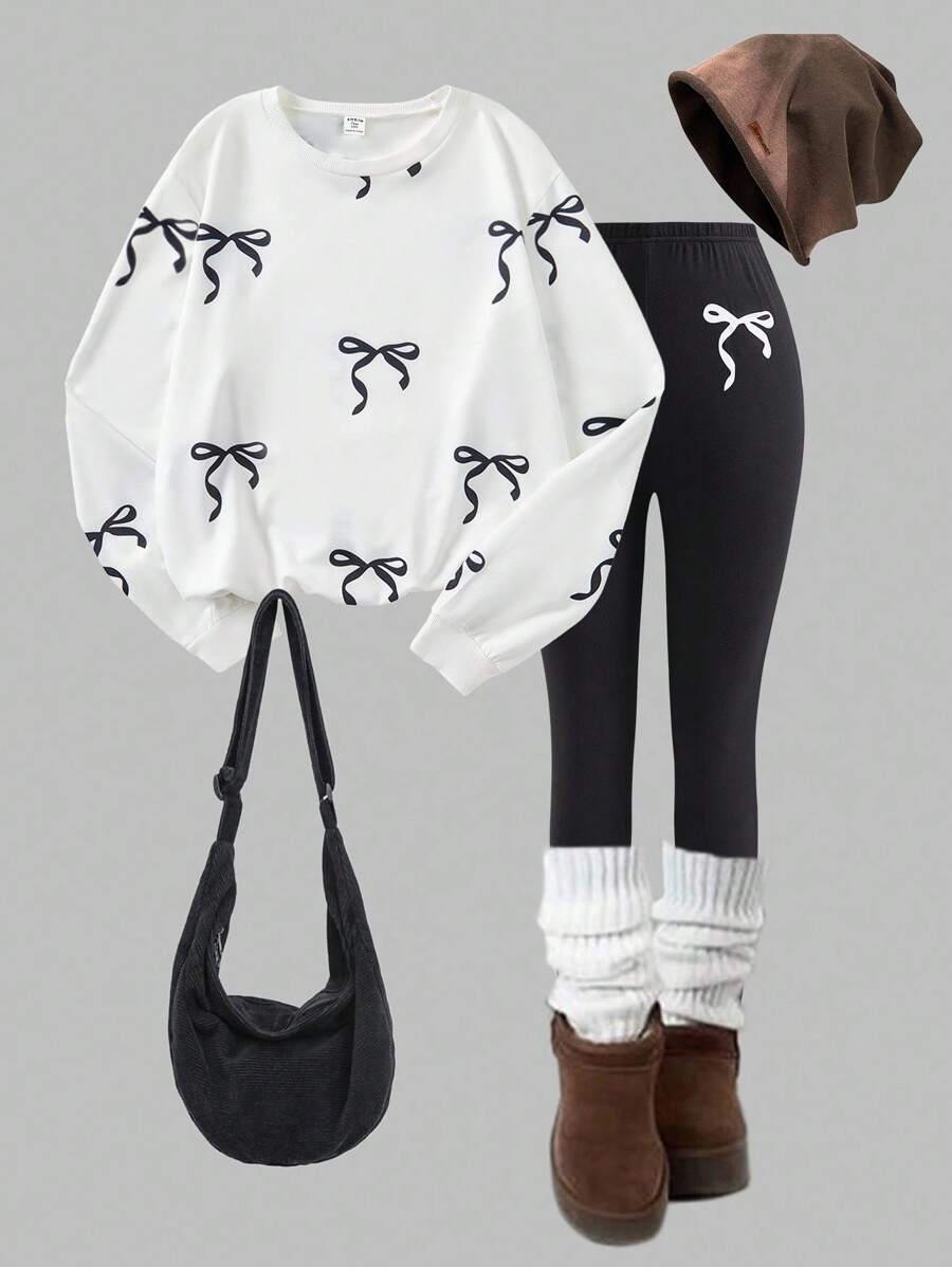SHEIN Sparklyn Bộ đồ nỉ cho bé gái tuổi teen, Thu/Đông mới, In kỹ thuật số màu trắng, Áo nỉ cổ tròn nơ đen, Quần bó màu đen, Trang trí nơ trắng, Vừa vặn thoải mái cho mùa thu - Nhiều màu - Xem 1