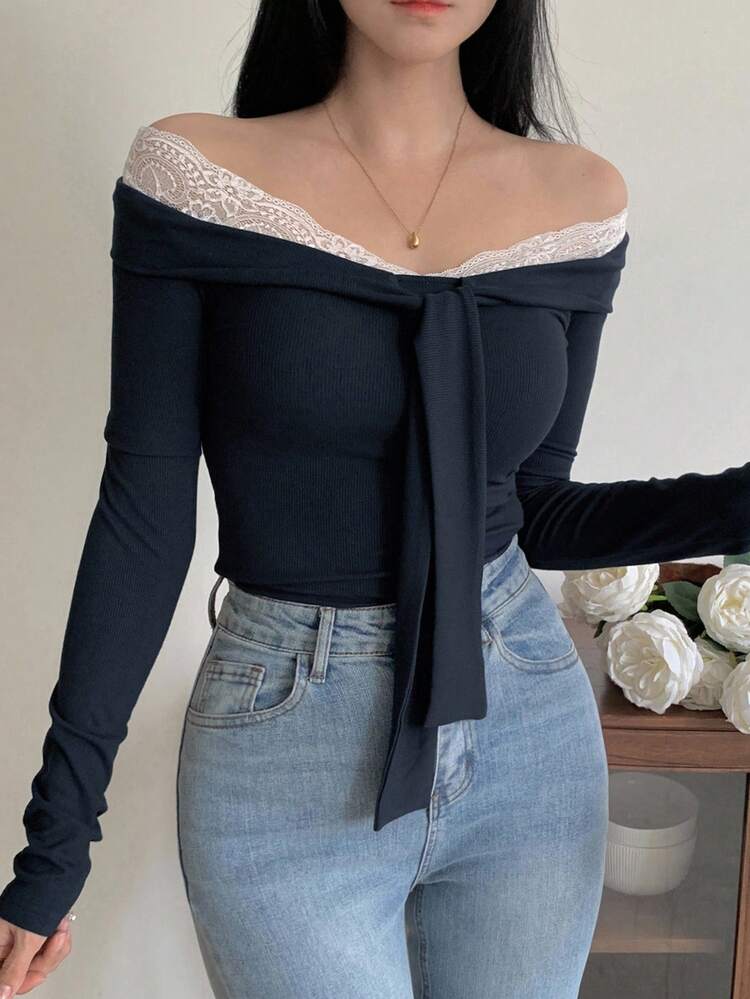 Women's Lace Patchwork Off-Shoulder Tie Design Long Sleeve Slim Fit Casual T-Shirt