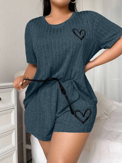 SHEIN Plus Size INS Minimalist Heart Print Casual Comfortable Knitted Ribbed Pajama Set, Outfits