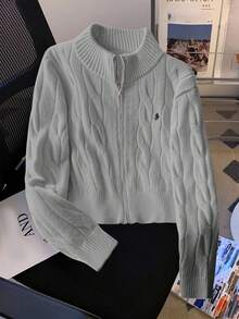 SHEIN MOOSTA Plus Size Women Casual Cable Knit Zip-Up Cardigan - Light Grey - View 1