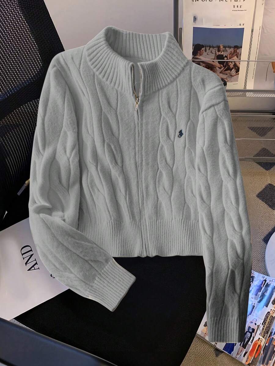 SHEIN MOOSTA Plus Size Women Casual Cable Knit Zip-Up Cardigan - Light Grey - View 1