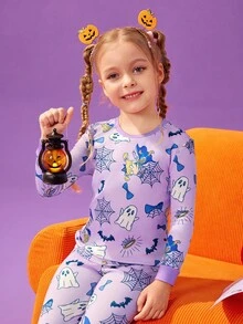 Nick 90s | SHEIN 小女孩可爱万圣节卡通图案紧身长袖上衣和裤子睡衣套装，浅紫色 - 紫色 - 查看 4