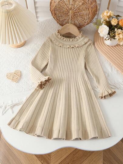 SHEIN Vintaside Kids Young Girls Ruffled Collar Long Sleeve Knit Sweater Dress, Suitable For Autumn/Winter, Camel, Khaki, Fashionable & Versatile For Daily, Home, Outdoor, Travel Fall