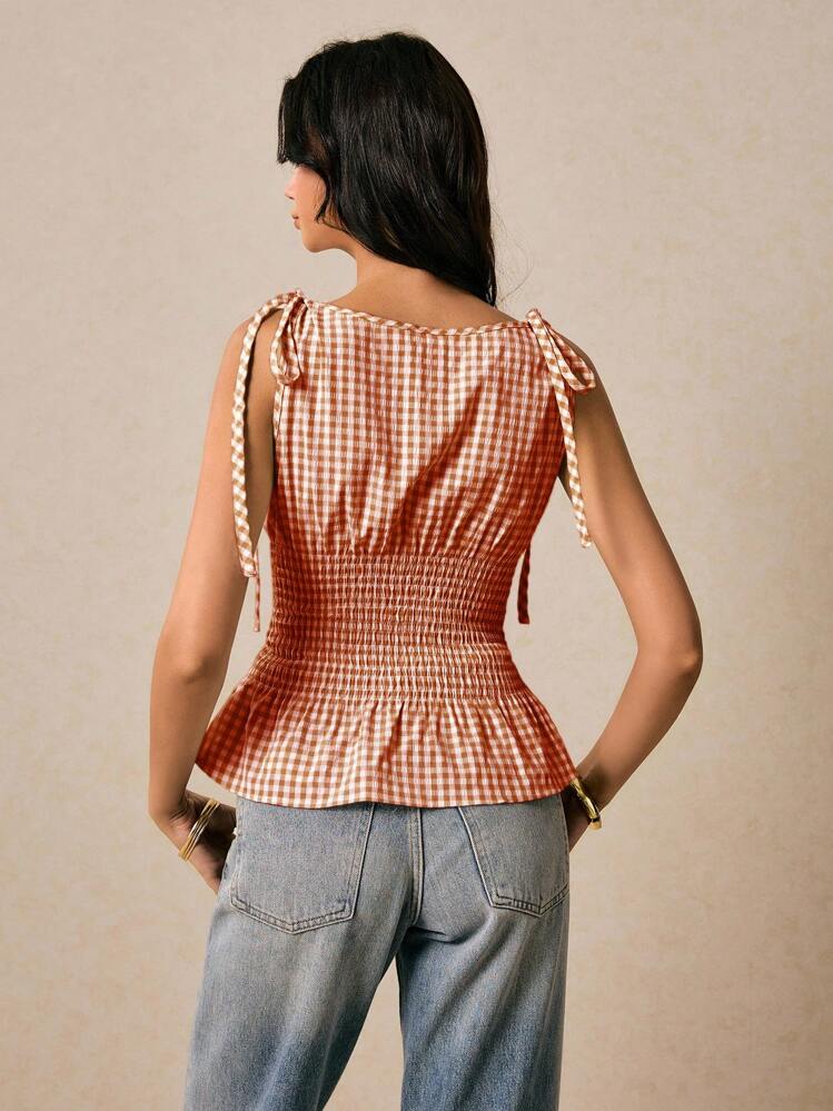 Poéselle Women's Top Waist Gingham Top Round Neck Waist Tie Flounced Hem Shoulder Tie Tank Top Summer Clothes Cute Y2k - Brown - View 6