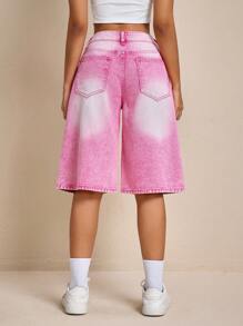 SHEIN Tall 女式休闲做旧拉链口袋宽松牛仔短裤，夏季 - 粉色 - 查看 2