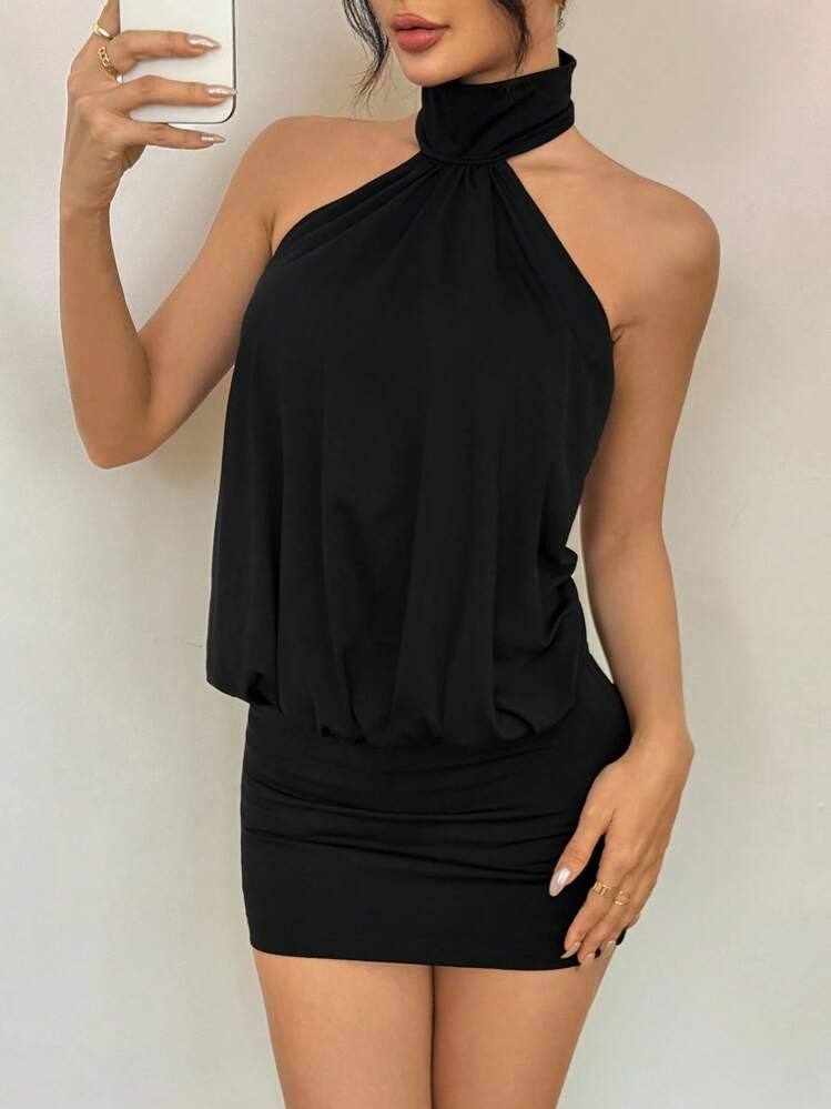 SHEIN PETITE Elegant Sleeveless Black Mini Dress With Ruched Detail And Cold Shoulder Style Halter Neck Dress Black Dress Halter Top Black Halter Dress,Black Dresses Classy Elegant ,Party Dress - Black - View 4