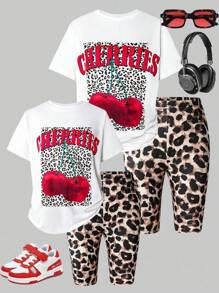 2件套女童休闲樱桃豹纹圆领T恤和短裤套装