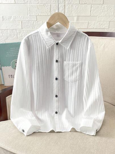 SHEIN Tween Boy Basic White Shirt Casual Textured Fabric Long Sleeve Men Shirt, Collared, Versatile All-Match, Suitable For Commuting, School, Casual, Travel, Outdoor, Party, Autumn/Winter Boys White Shirt Teen Boys White Shirt Boys Long Sleeve Shirt Boys Dress Shirt Teen Boy Dress Shirt Fall Autumn And Winter