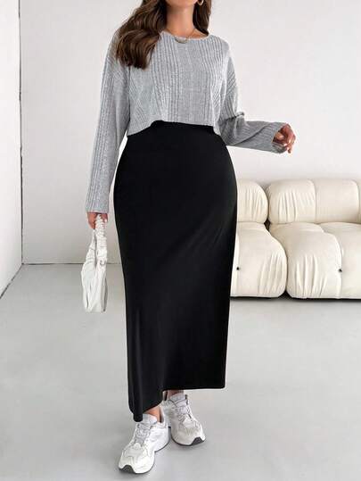 SHEIN Essnce 大码女装秋冬时尚休闲宽松舒适日常基础百搭灰色拉绒面料长袖上衣和黑色长背心连衣裙两件套，秋季服装，机场服装，简约风格