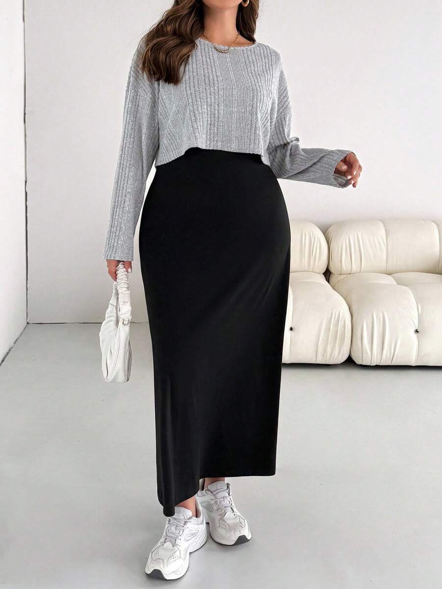 SHEIN Essnce 大码女装秋冬时尚休闲宽松舒适日常基础百搭灰色拉绒面料长袖上衣和黑色长背心连衣裙两件套，秋季服装，机场服装，简约风格 - 灰色 - 查看 1