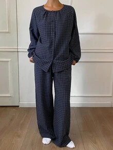 DAZY 格子灯笼袖上衣和裤子宽松女士家居服套装，秋冬服装，舒适套装 - 藏蓝色 - 查看 4