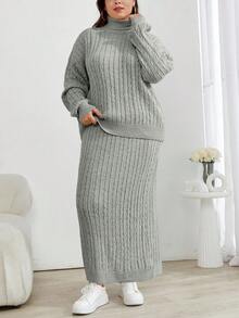 SHEIN Cottnline Cable Knit Turtleneck Sweater And Skirt 2 Pieces Set - Light Grey - View 1