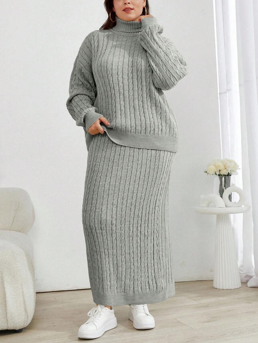 SHEIN Cottnline Cable Knit Turtleneck Sweater And Skirt 2 Pieces Set - Light Grey - View 1