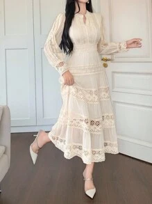 DAZY Women's Elegant Lace Round Neck Puff Sleeve Mid-Length Dress, Autumn,Fall Women Clothes Maxi Dress - Apricot - View 5