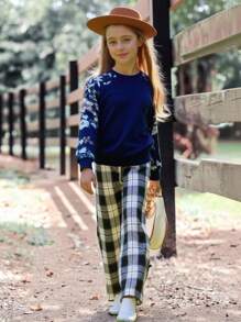 SHEIN Emery Rose Kids 少女花卉印花休閒圓肩運動衫