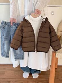 SHEIN Baby Boys Thermal Lined Hooded Zipper Jacket, Brown Winter Casual Warm All-Match Versatile Soft Comfortable Sporty Suitable For Outdoor Snow Play - Brown - View 3