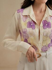 Anewsta Áo dài tay màu be thêu mới dành cho nữ, áo thanh lịch - Màu tím - Xem 5