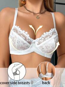 SHEIN 1pc Women's Elegant Lace Patchwork Underwire Bra Lace Bra Lace Bralettes For Women - White - View 4