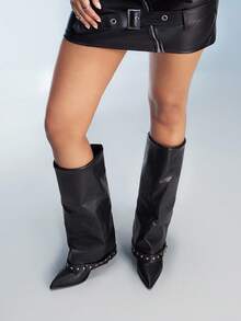 CUCCOO GRLICON 女式黑色拼布牛仔靴，尖头休闲靴 - 黑色 - 查看 7