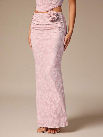 Silquee Women's Pleated 3D Floral Pink Decorative Fitted Elegant Skirt For Wedding Guest Women's Elegant Evening Cruise Dinner For Daily Date, Night Out, Night Club, Party, Gathering, Back To School Season, School Season, Festival, Music Festival, Country Music Festival, Concert, Carnival, Everyday Wear